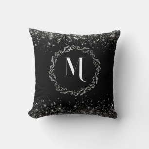 Zilveren glitter en zwart elegant monogram kussen
