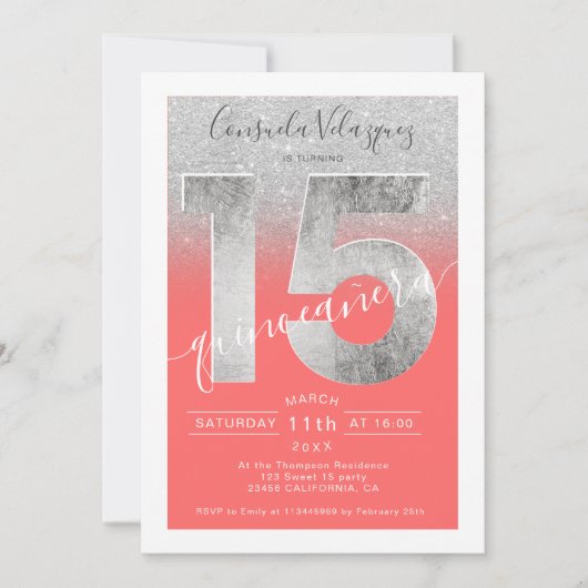 Zilveren glitter folie script koraal quinceanera f kaart (Voorkant)