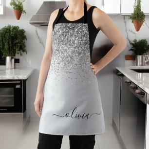 Zilveren Glitter Fonkel Glam Metaal Monogram Naam Schort