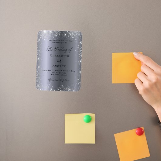 Zilveren glitter formele luxe bruiloft uitnodiging magneet