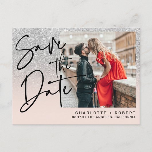 Zilveren glitter foto bruiloft opslaan van de datu aankondigingskaart (Voorkant)