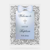 Zilveren Glitter Frame Blauwe Strik Doop Welkom Acryl Bord (Voorkant)