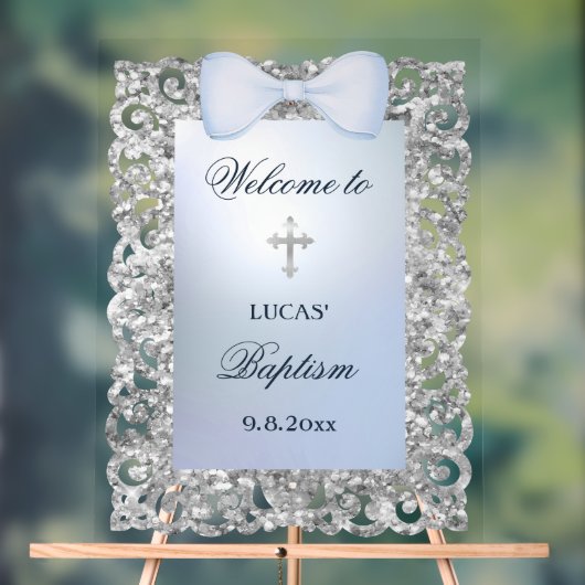 Zilveren Glitter Frame Blauwe Strik Doop Welkom Acryl Bord (Neutraal)