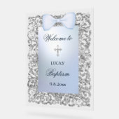 Zilveren Glitter Frame Blauwe Strik Doop Welkom Acryl Bord (Hoek)