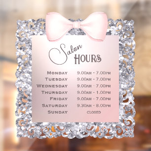 Zilveren Glitter Frame Roze Strik Openingstijden Raamsticker