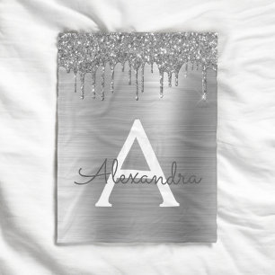 Zilveren Glitter Geborsteld Metaal Monogram Naam Fleece Deken