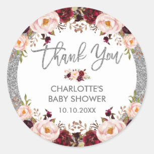Zilveren Glitter Glam Bourgondië Blush Bloemen Dou Ronde Sticker