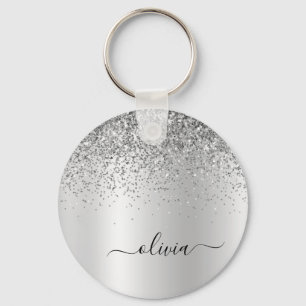 Zilveren Glitter Glam Metalen Monogram Naam Sleutelhanger