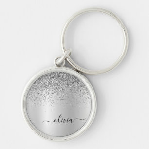Zilveren Glitter Glam Metalen Monogram Naam Sleutelhanger