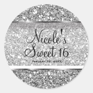 Zilveren Glitter Glam Sweet 16 Custom Party Favor Ronde Sticker