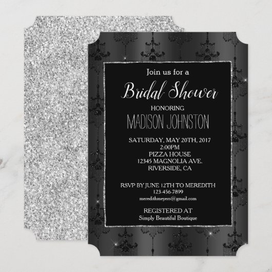 Zilveren Glitter Glam Zwart Kroonluchters Kaart (Voorkant / Achterkant)