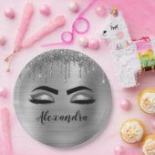 Zilveren glitter glans wimpers monogram naam papieren bordje (Feest)