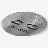 Zilveren glitter glans wimpers monogram naam papieren bordje (Gekanteld)