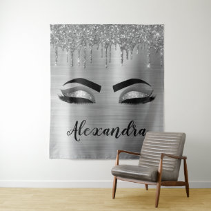 Zilveren Glitter Glans Wimpers Monogram Naam Wandkleed