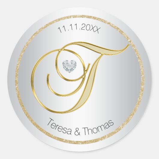 Zilveren Glitter Goud Monogram Bruiloft Envelop Af Ronde Sticker (Voorkant)