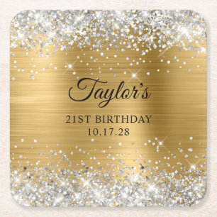 Zilveren Glitter Gouden Folie 21e Verjaardag Vierkante Kartonnen Onderzetter