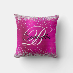 Zilveren Glitter Heet Roze Folie Fancy Monogram Kussen