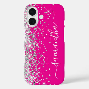 Zilveren Glitter Heet Roze Meisjesachtige Handteke iPhone 16 Hoesje