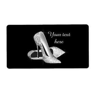Zilveren Glitter Hoge Hak Schoen Wijnfles Etiket