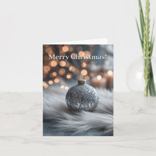 Zilveren Glitter Kerstbal op Witte Vacht Feestdagen Kaart