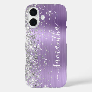 Zilveren Glitter Licht Paarse Metalen Handtekening iPhone 16 Hoesje