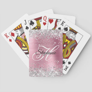 Zilveren Glitter Licht Roze Folie Fancy Monogram Pokerkaarten
