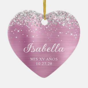 Zilveren Glitter Licht Roze Roos Mis XV Años Foto Keramisch Ornament