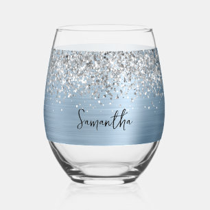 Zilveren Glitter Lichtblauw Glam Naam Wijnglas Zonder Voet