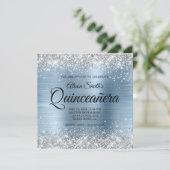 Zilveren Glitter Lichtblauw Monogram Quinceanera Kaart (Staand voorkant)