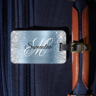 Zilveren Glitter Lichtblauwe Folie Fancy Monogram Bagagelabel