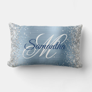 Zilveren Glitter Lichtblauwe Folie Fancy Monogram Kussen