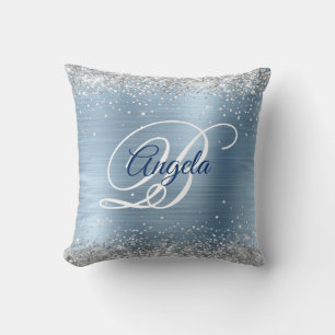 Zilveren Glitter Lichtblauwe Folie Fancy Monogram Kussen