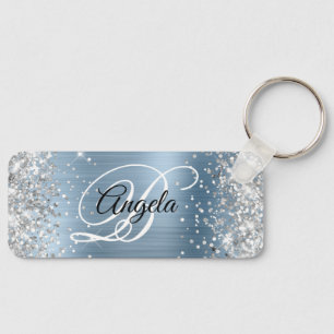Zilveren Glitter Lichtblauwe Folie Fancy Monogram Sleutelhanger