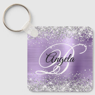 Zilveren Glitter Lichte Paarse Folie Fancy Monogra Sleutelhanger