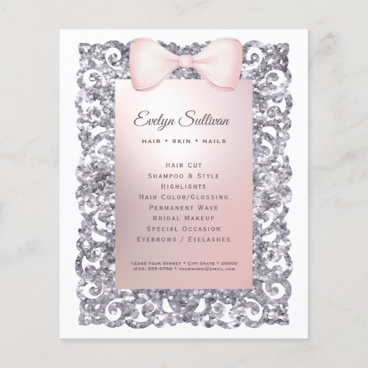 Zilveren glitter lijst roze boog flyer (Voorkant)