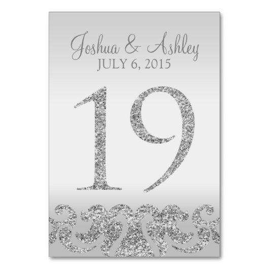 Zilveren Glitter Look Trouwtafel Numbers-19 Kaart (Voorkant)
