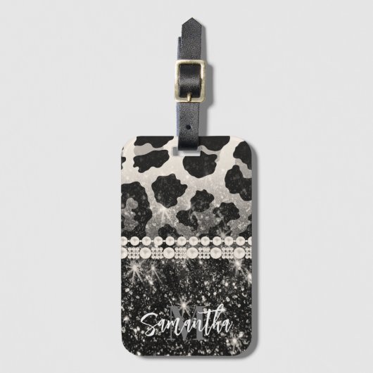 Zilveren Glitter Luipaard Print Bagagelabel (Voorkant (verticaal))