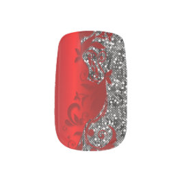 Zilveren Glitter met rode bloemenprint Minx Nail Art