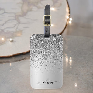 Zilveren Glitter Metaal Monogram Glam Naam Bagagelabel