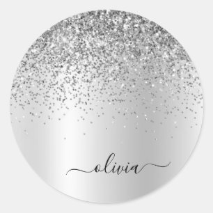 Zilveren Glitter Metaal Monogram Glam Naam Ronde Sticker