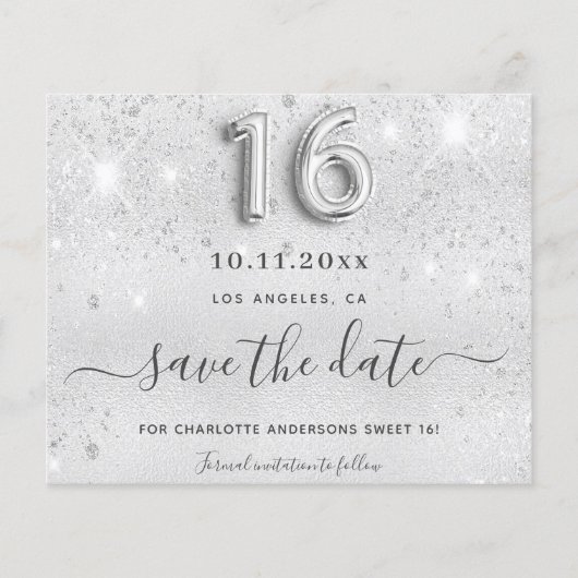 Zilveren glitter metaal save the date voor Sweet 1 (Voorkant)