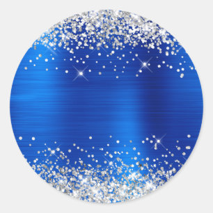 Zilveren Glitter Metallic Royal Blue Blank Ronde Sticker