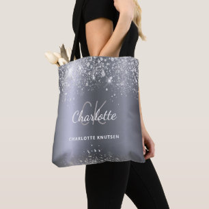 Zilveren glitter monogram initiaal naam draagtas