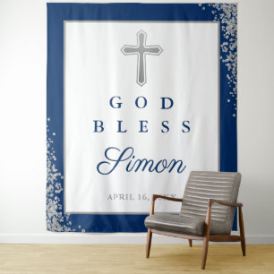 Zilveren Glitter Navy Blue Gepersonaliseerde God B Wandkleed