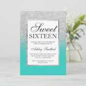 Zilveren glitter ombre turquoise chic Sweet 16 Kaart (Staand voorkant)