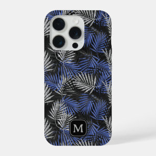 Zilveren Glitter Palmboom Blauwe Moderne Monogram iPhone 15 Pro Hoesje