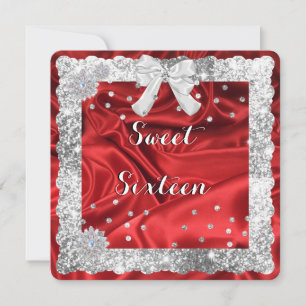 Zilveren Glitter, Rode Satijn Sweet Sixteen Uitnod Kaart