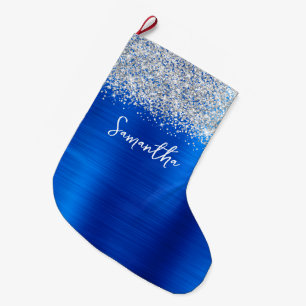 Zilveren Glitter Royal Blue Glam Naam Grote Kerstsok