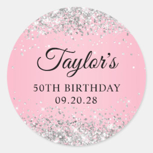 Zilveren Glitter Roze 50ste Verjaardag Ronde Sticker