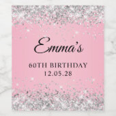 Zilveren Glitter Roze 60e Verjaardag Wijn Etiket (Enkel label)